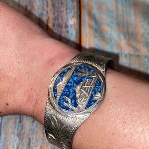 Vtg Sterling Silver Turquoise Inlay Southwestern Signed Scene Cuff Bracelet